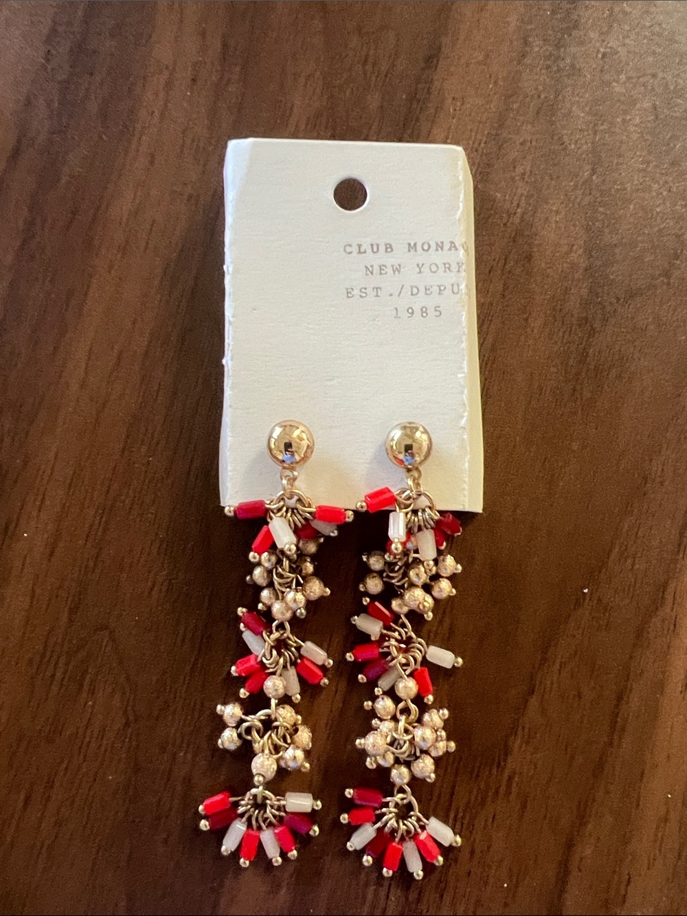 Club Monaco Red and White Beaded Cluster Drop Earrings with Gold Accents NWT